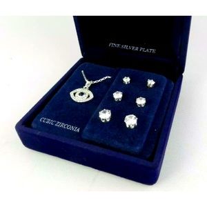 Macy's Silver Plated Cubic Zirconia Pave Evil Eye Pendant & Three Piece Earring